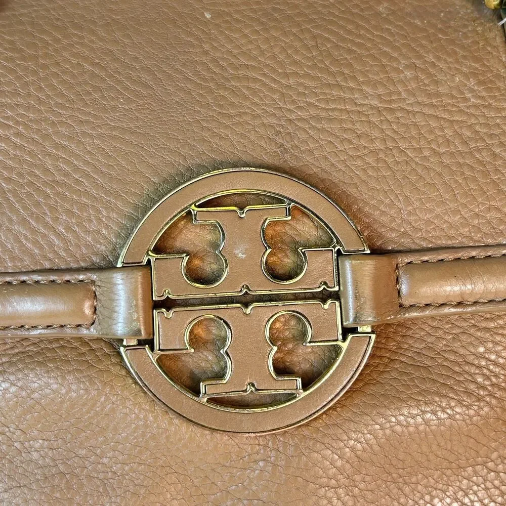 Tory Burch Amanda Caramel Tan Pebble Leather Dual Handle Satchel Handbag